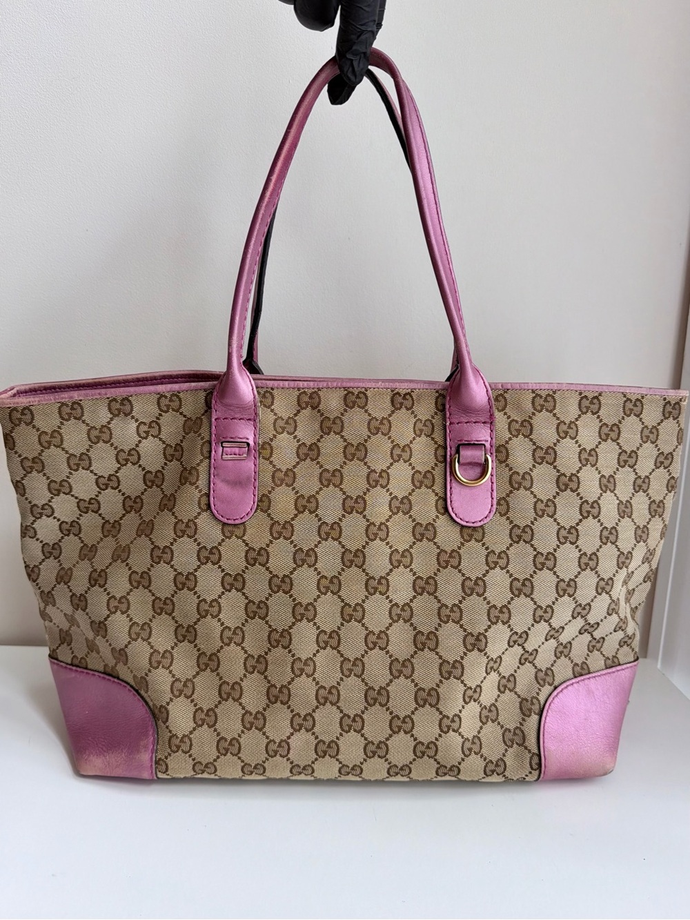 Authentic Gucci GG Heart Bit Metallic Pink Canvas Leather Tote Bag